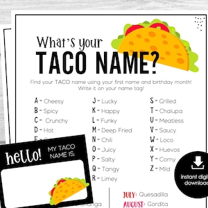 What&#39;s Your Taco Name Game, Taco Name Tags and Sign, Mexican Fiesta Party Ice Breaker, Party Activity for Kids and Adults, Office Party