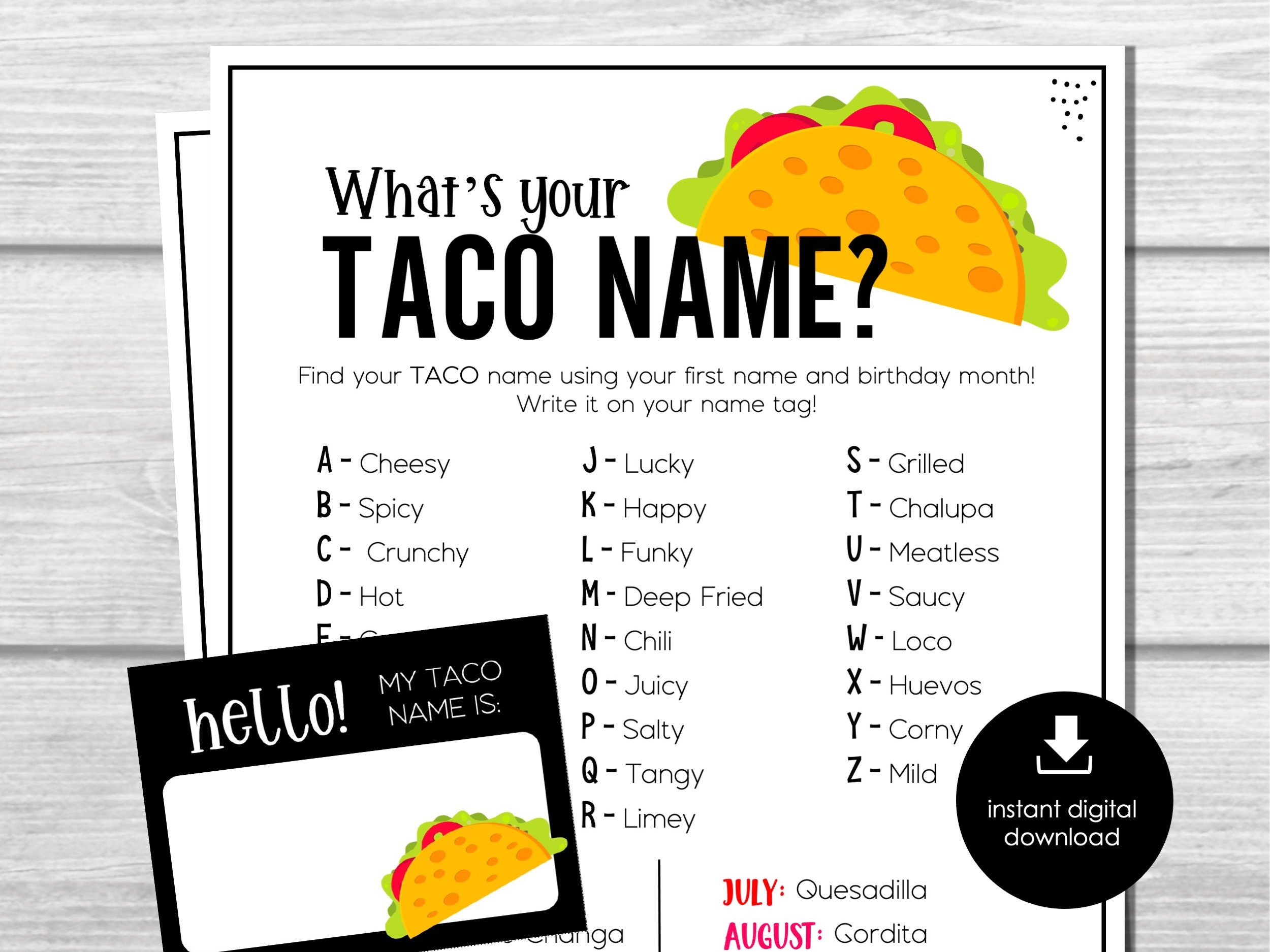 What s Your Taco Name Game Taco Name Tags And Sign Mexican Fiesta what-s-your-taco-name-game-taco-name-tags-and-sign-mexican-fiesta