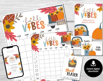 Fall VIBES Bunco Score Cards, Autumn Bunco Score Sheets, FALL Bunco Invitation, Pumpkin Theme Bunco Party Kit, September Bunco Night, BUNKO