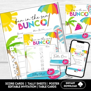 Summer Bunco Score Cards, Beach Party Bunco Invitation, July Summer Bunco Night, Bunco Game Party Printable, June Bunco Night, BUNKO