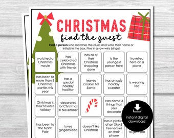 May include: A printable Christmas bingo card featuring a green Christmas tree and a red and green plaid gift box. The card has 25 squares with various Christmas-themed clues. The text on the card reads "Christmas find the guest".