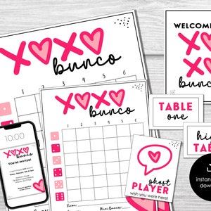 Cartões de pontuação Bunco do Dia dos Namorados, planilhas de pontuação Bunco de fevereiro, convite XOXO Bunco, kit de festa Love Bunco, Galentine's Bunco Night, BUNKO
