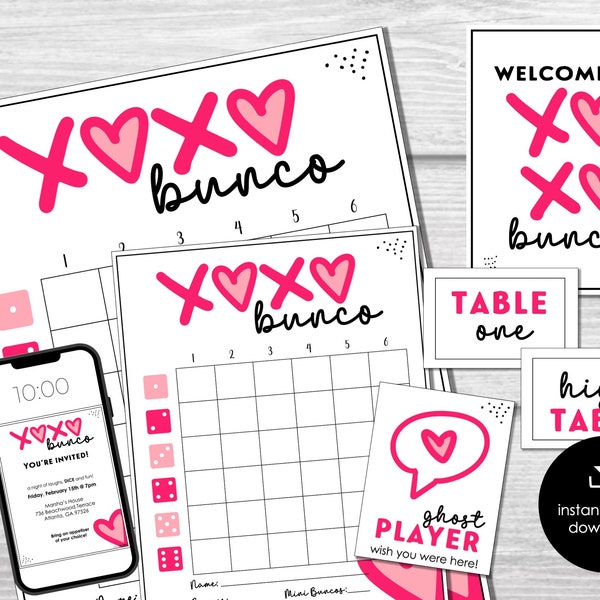 Valentines Day Bunco Score Cards, February Bunco Score Sheets, XOXO Bunco Invitation, Love Bunco Party Kit, Galentine's Bunco Night, BUNKO