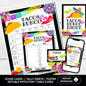 Fogli di punteggio Taco Bunco, Bunco festa messicana, Carte punteggio Bunco, Carte da tavolo Bunco, Festa messicana Fiesta Bunco, Invito Bunco, Bunko