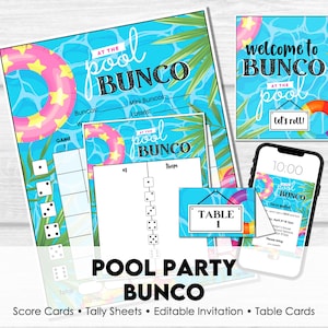 Pool Party Bunco Printable Kit, Summer Bunco Score Sheets, Editable Bunco Invitation, Tally Cards, Table Cards, Welcome Sign