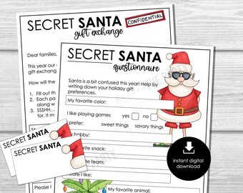 Puede incluir: Un cuestionario imprimible de Secret Santa con un dibujo animado de Papá Noel con gafas de sol. El cuestionario pregunta por el color favorito del participante, si le gusta jugar a juegos, su merienda favorita y su animal favorito.
