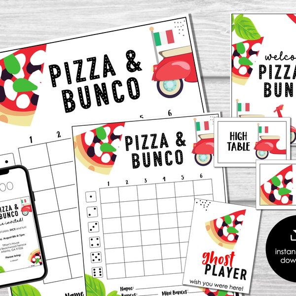 Pizza Party Bunco Score Sheets, Italian Theme Bunco, Pizza Night Bunco, Bunco Score Cards, Bunco Table Signs, Bunco Game, Bunco Invitation