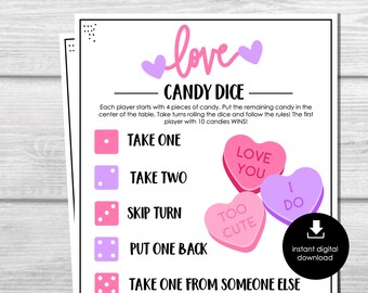 Pode incluir: Um jogo de tabuleiro imprimível para o Dia dos Namorados chamado "Candy Dice". O jogo inclui instruções e cinco rolagens de dados diferentes com ações correspondentes. As rolagens de dados são ilustradas com dados rosa e roxo. O jogo é decorado com corações de doces rosa e roxo.