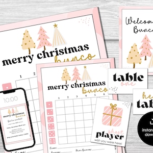 Roze kerst Bunco scorebladen, december Bunco spel, kerst Bunco uitnodiging, leuke XMAS Bunco Party Kit, Boho kerstscorekaarten