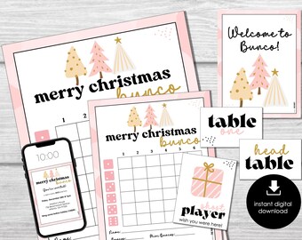 Pink Christmas Bunco Score Sheets, December Bunco Game, Christmas Bunco Invitation, Fun XMAS Bunco Party Kit, Boho Christmas Score Cards