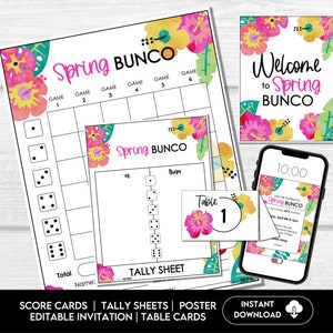 Cartões de pontuação Spring Bunco, folhas de pontuação Bunco de abril, convite Spring Bunco, kit de festa floral Bunco, folha de pontuação noturna Spring Floral Bunco