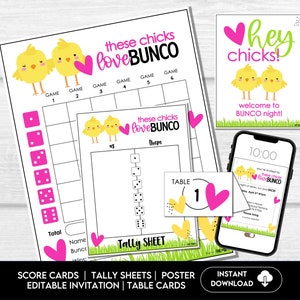 Spring Bunco Game Score Sheets, April Bunco Printable Score Cards, Bunco Chicks, Bunco Table Signs, May Bunco Night Invitation, Party Game