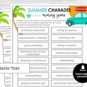 Summer Charades Party Game for Kids, Action Charades, Miming Game, Summertime, Fun Printable Party Game, Group Party Game, Family Games