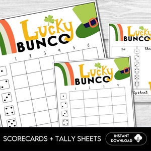 Op de afbeelding: Printbare scorekaarten en telbladen voor een Lucky Bunco-spel. De scorekaarten hebben een groene leprechaun-hoed en een regenboog. De telbladen hebben een hoefijzer en een leprechaun-hoed.