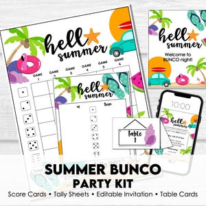 Puede incluir: Un kit de fiesta de verano con tarjetas de puntuación, hojas de conteo y tarjetas de mesa. El diseño incluye palmeras, un flotador de flamenco, un coche y las palabras "hell summer". Un smartphone muestra una invitación.