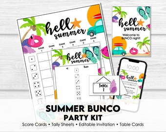 May include: A summer party kit featuring score cards, tally sheets, and table cards. The design includes palm trees, a flamingo float, a car, and the words "hell summer". A smartphone displays an invitation.