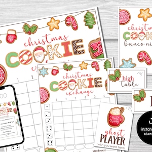 May include: Printable Christmas cookie exchange game cards with a festive cookie theme. The cards include a game board, score sheet, and place cards. The cards are decorated with colorful cookies, candy canes, and holly.