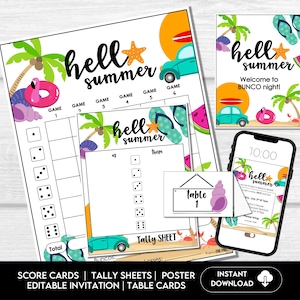 Carte punteggio Bunco estivo, Invito Bunco festa in spiaggia, Notte estiva Bunco di luglio, Bunco Game Party stampabile, Notte Bunco di agosto, BUNKO