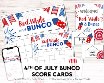 4th of July Bunco Score Cards Printable, Patriotic Bunco Party Kit, Red White and Bunco, Tally Sheets, Table Cards