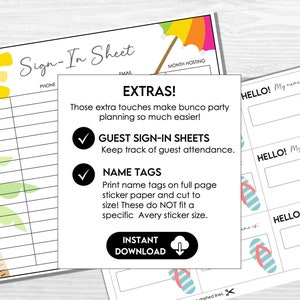 Summer Bunco extras including guest sign-in sheet and printable name tags for an organized Bunco night.