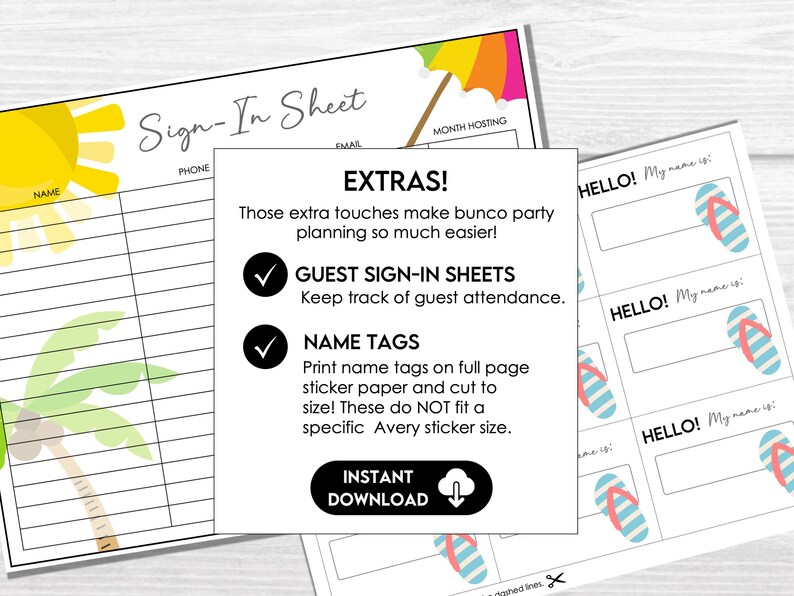 Summer Bunco extras including guest sign-in sheet and printable name tags for an organized Bunco night.
