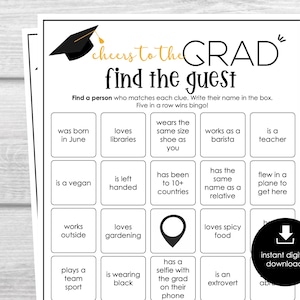 Graduation Party Find the Guest Bingo, Find Someone Who Party Game, Printable Game, Fun Ice breaker Game for Grads, 2025 Graduation Party