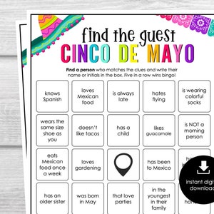 Trouvez l'invité Bingo Cinco De Mayo, jeu de société à imprimer, jeu à imprimer pour adultes et enfants, jeu brise-glace amusant, jeu de fête au bureau, mêlez-vous