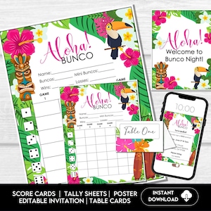 Fogli segnapunti per il Bunco estivo tropicale, schede segnapunti per il Bunco per feste hawaiane, serata estiva di Bunco, stampabile per feste di Bunco, tema divertente di Bunco, gioco BUNKO