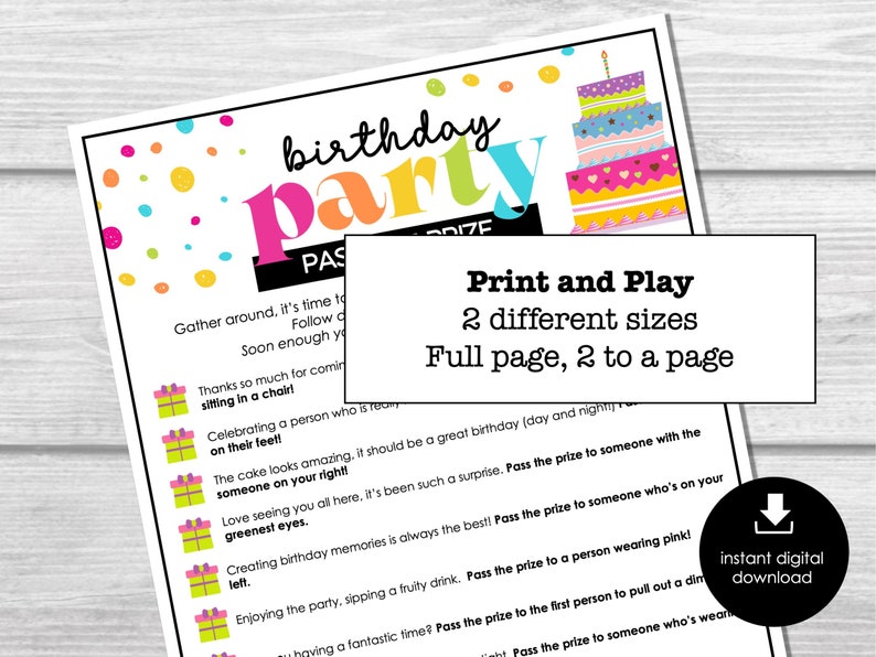 Pass the Prize, Birthday Party Game, Printable Party Game, Fun Gift ...