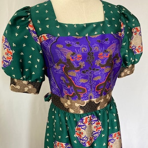 Kleid 70s Siebziger Jahre China/Art Deco Print Maxikleid Puffärmel Vera Mont Paris
