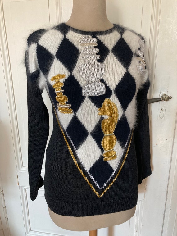 Vintage 80s checkerboard Schach sweater Angora 90s
