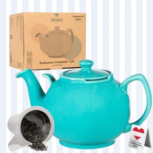 Teiera turchese da 1,6 l con infusore, antigoccia e lavabile in lavastoviglie, teiera in ceramica di alta qualità realizzata in gres