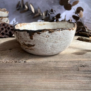 May include: A handmade ceramic bowl with a speckled white glaze and a dark brown rim. The bowl has a rustic, organic shape and sits on a wooden surface. Dried foliage and other natural elements are in the background.