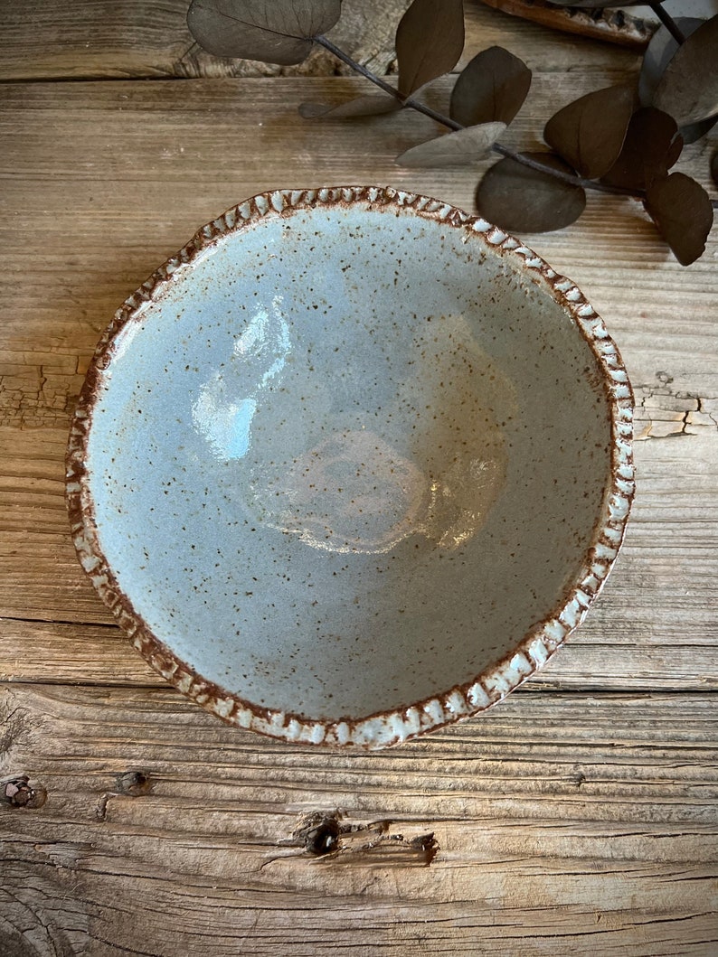 May include: A light blue ceramic bowl with a speckled glaze and a brown rim. The bowl has a slightly scalloped edge.