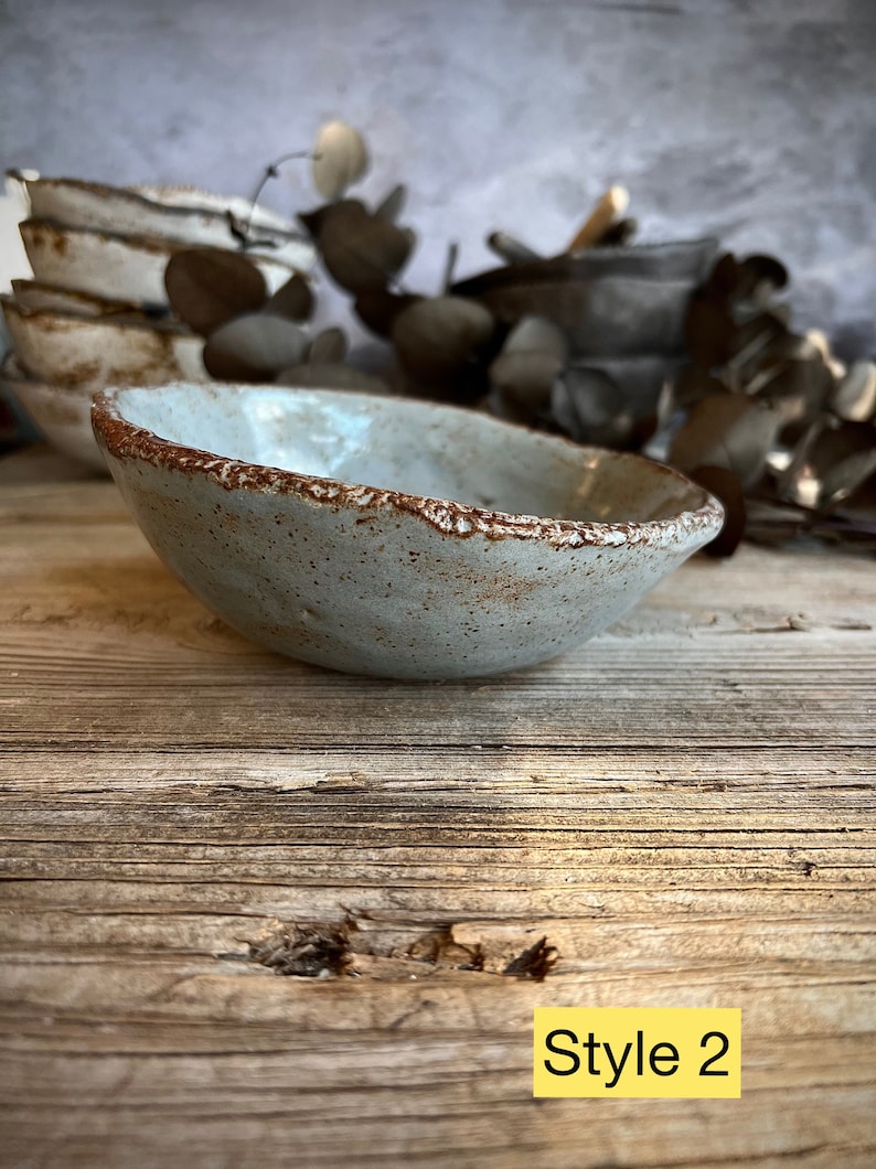 May include: A small, light blue ceramic bowl with a brown rim. The bowl has a speckled, rustic look and is sitting on a wooden surface. Style 2.