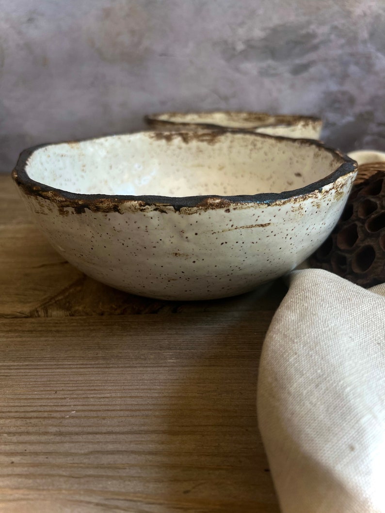 May include: A white ceramic bowl with a brown rim. The bowl has a speckled texture and is sitting on a wooden surface.