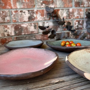 May include: Four ceramic plates in different colors and shapes, including a light blue, a light pink, a light green, and a beige plate. The plates are arranged on a wooden surface.