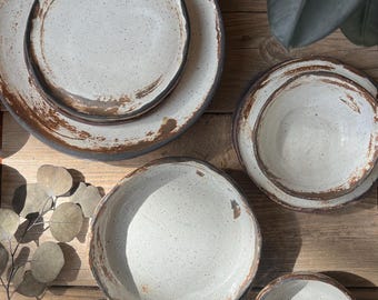 Ceramic Plates, Handmade Bowl, Rustic Pottery, Minimalist Stoneware, Handmade Ceramic Set, Pottery Set, Rustic Pottery, 12 Pieces Set