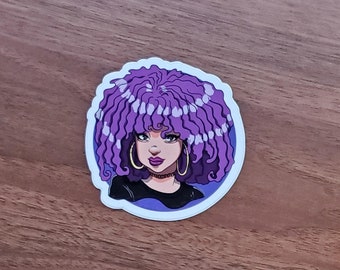 Black Women Art Decals Natural Hairstyle Decorative Waterproof 3 Inch Vinyl Stickers for Planners, Laptops, Mugs, Afro Puff - Purple Locs