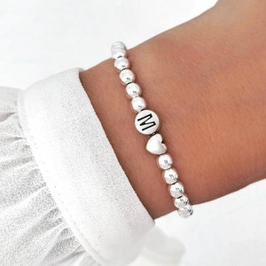 Pulsera de pareja con texto deseado plata / pulsera de perlas / pulseras con letra y corazón / iniciales / pulsera con letra y corazón plata