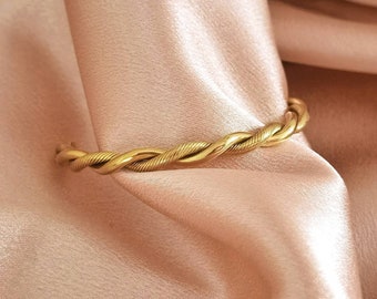 Knitted stainless steel bangle / adjustable cuff / women's bangle gold / hand bracelet gold / bangle with pattern / twist bangle turned