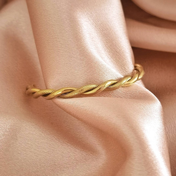 Edelstahl Armreif gestrickt / Manschette verstellbar / Damen Armreif gold / Handreifen gold / Armreif mit Muster / Twist Armreif gedreht