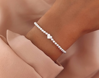 Bracelet coeur argent / bracelet de perles avec coeur / bracelet boule avec coeur pour maman grand-mère soeur / cadeau partenaire petite amie / bracelet avec coeur