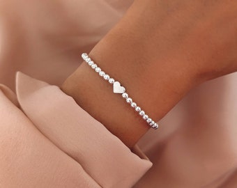 Pulsera corazón plata / pulsera de perlas con corazón / pulsera de bolas con corazón para mamá abuela hermana / pareja regalo novia / pulsera con corazón