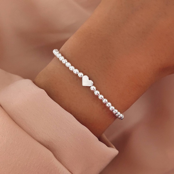 Bracelet coeur argent / bracelet de perles avec coeur / bracelet boule avec coeur pour maman grand-mère soeur / cadeau partenaire petite amie / bracelet avec coeur