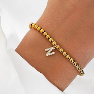 Pulsera de letras personalizada / pulsera de perlas con letra de oro / pulseras con letra / pulsera inicial rosa / pulsera de mujer sílaba