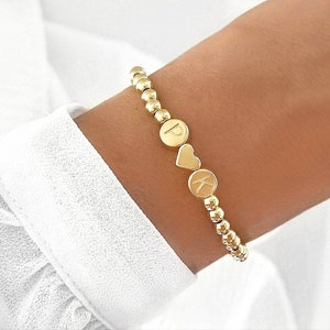 Pulsera de oro personalizada / pulsera de corazón de oro / pulsera de perla rosa / pulsera con letra y corazón / pulsera de pareja / pulsera de letras