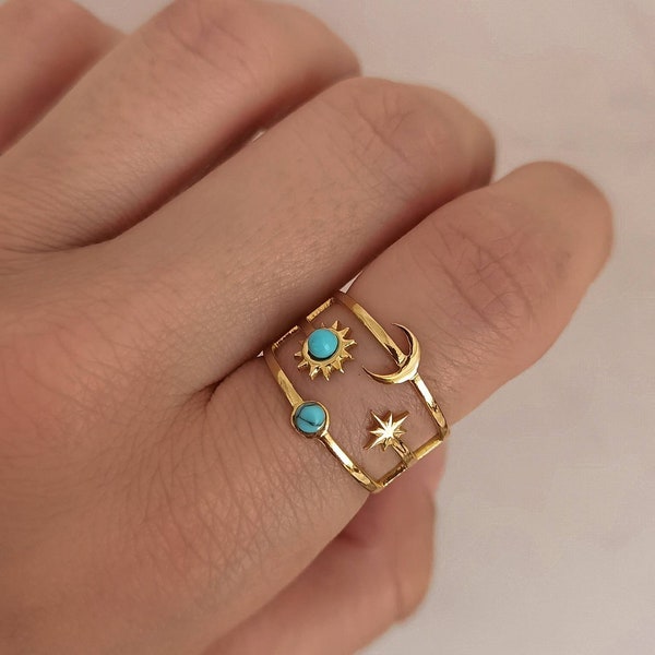 Orient Ring gold verstellbar / Ornament Ring / Sonnen Ring / Ring wasserfest verstellbar 18k vergoldet / Ring Sonne Mond und Sterne gold