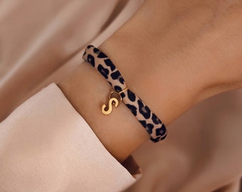 Haarband Armband mit Buchstabe Leopard / Leopard Muster Buchstaben Armband gold braun / Haarband Leo /  Nylon Stretch Band mit Initial