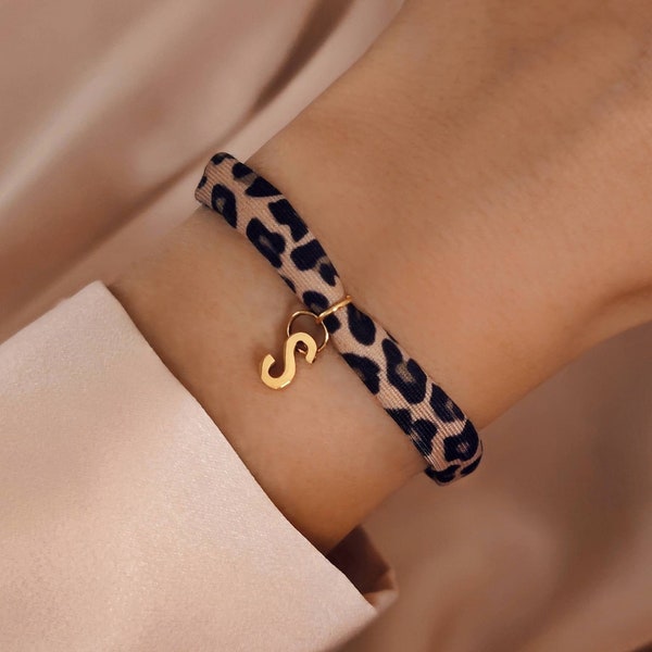 Haarband Armband mit Buchstabe Leopard / Leopard Muster Buchstaben Armband gold braun / Haarband Leo /  Nylon Stretch Band mit Initial